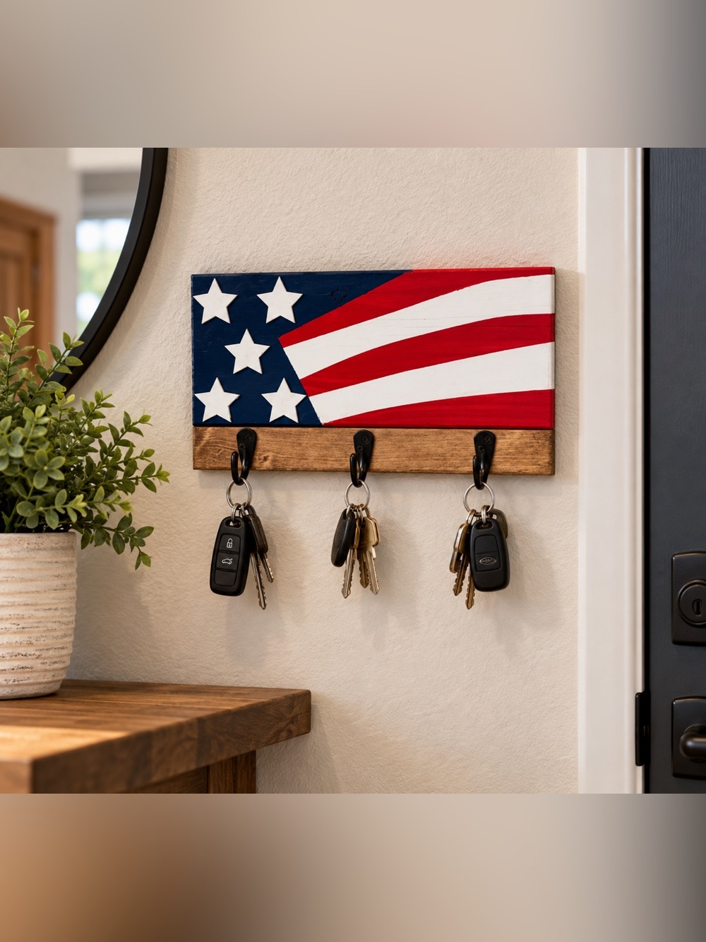 Handmade Rustic American Flag Wooden Key Holder – 3 Hooks – Patriotic Wall Decor